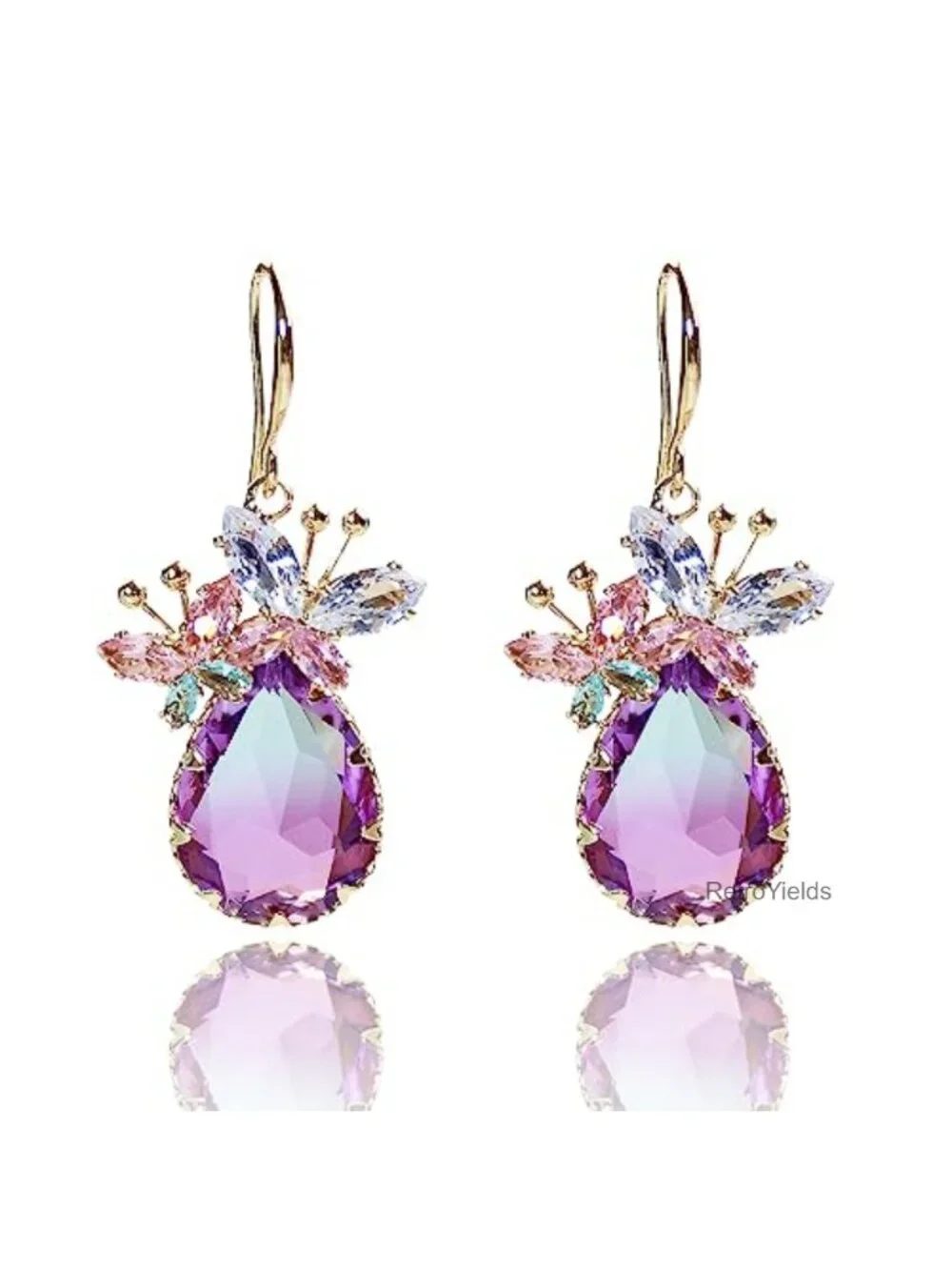 Crystal Teardrop Dangle Butterfly Earrings for Women, 14k Gold Plated Brass